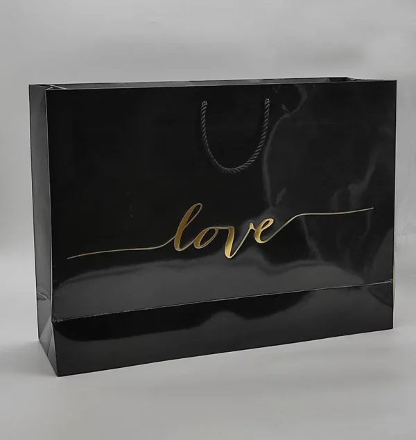 بگ گلاسه براق مشکی 52×36 با چاپ طلاکوب love تیراژ 1000 عددی