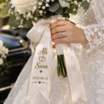 روبان سفید 4 سانتی متری عروسی ALI&SARA طلایی در متراز 1000 متری