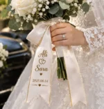 روبان سفید 4 سانتی متری عروسی ALI&SARA طلایی در متراز 1000 متری