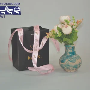 روبان صورتی ساتن با چاپ طلایی رز فلوریست