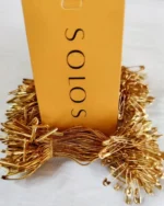 سفارش چاپ تگ مقوایی زرد solos به همراه نخ پلمپ طلایی سنجاق دار تیراژ 1000 عددی